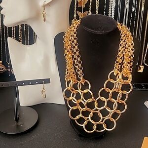 Statement Gold Rings Triple Strand Necklace and Earrings Set